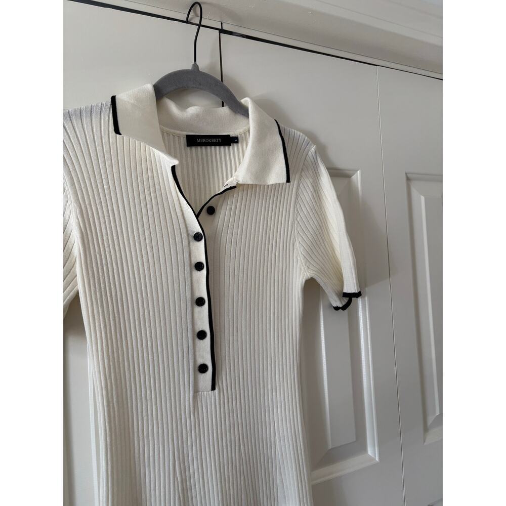 Merokeety Women’s
 Ribbed Knit Polo Sweater Dress Size Large Black Trim Midi - Picture 4 of 7